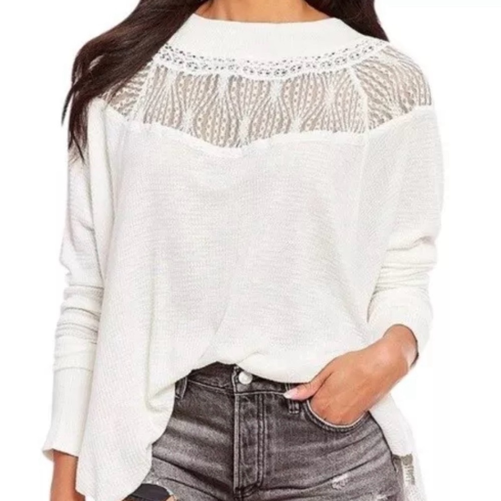 Free People Spring Valley Top Size Small Boho Hippie Waffle Lace Turtleneck